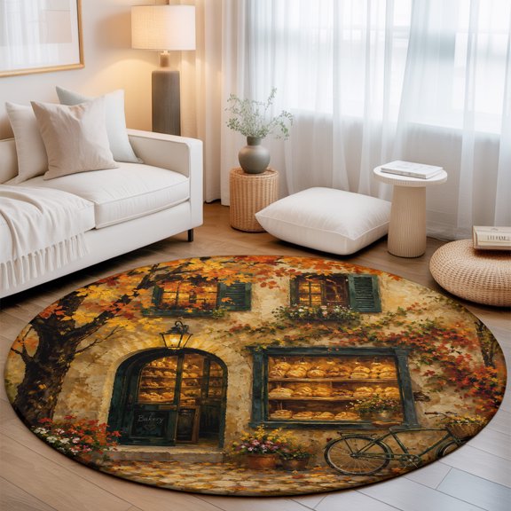 Fall Village Round Living Room Rugs 6 ft, Vintage Orange Street Display Window Ivy Vine Leaf Washable Area Rug with Non-Slip Sturdy Edge Binding Round Carpet for Kitchen Office Bedroom