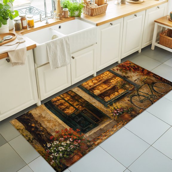 Fall Village Washable Runner Rugs 2'x6', Vintage Orange Street Display Window Ivy Vine Leaf Washable Runner Rug Non-Slip Sturdy Edge Binding Carpet for Bedside Hallway Runner Kitchen Galley