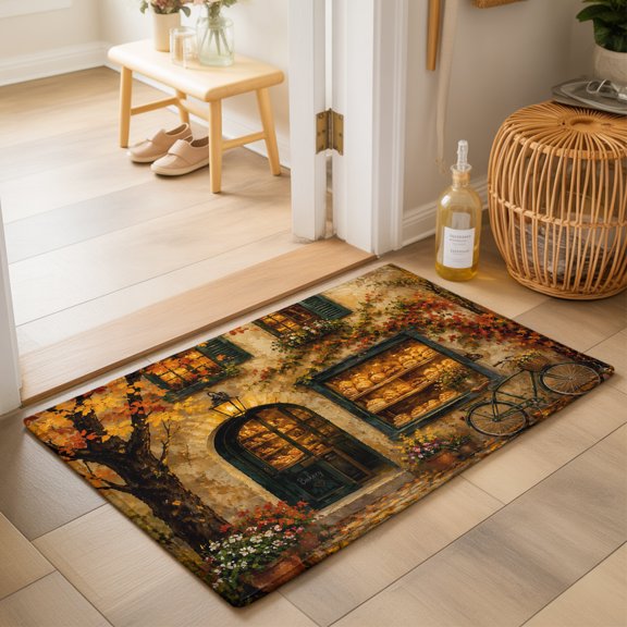 Fall Village Washable Small Entryway Area Rugs 2'x3', Vintage Orange Street Display Window Ivy Vine Leaf Washable Throw Rug Non-Slip Sturdy Edge Binding Carpet for Front Door Floor Room Entry