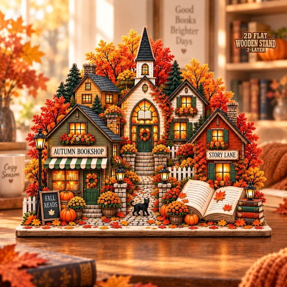 Fall Village Wooden Block Autumn Bookshop Scene for Reading Nook Book Lover Gift