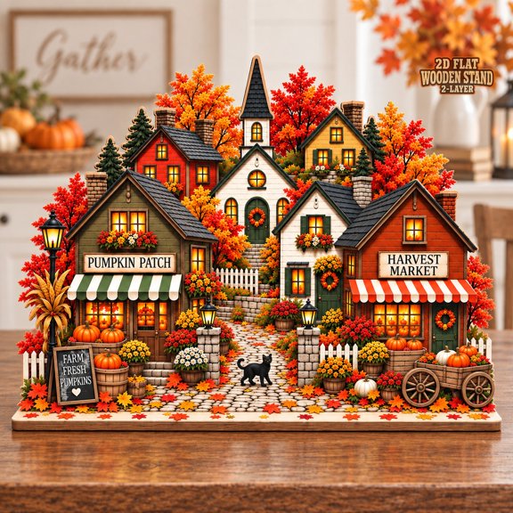 Fall Village Wooden Block, Chapel Harvest Scene Tabletop Display for Faithful Autumn Gifts