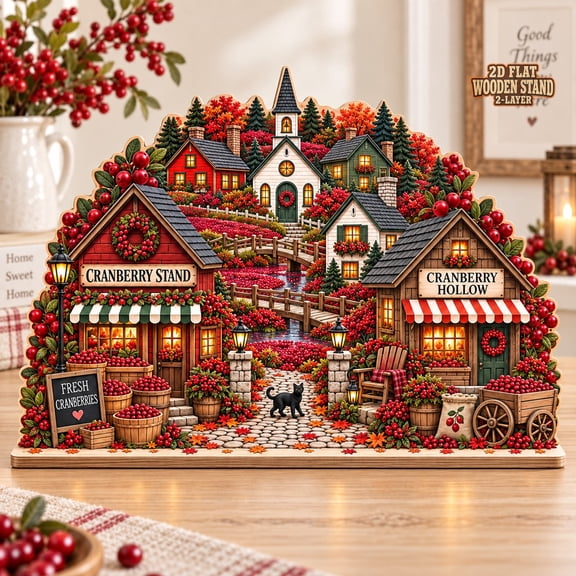 Fall Village Wooden Block Cranberry Stand Scene Tabletop Display for Autumn Hosts