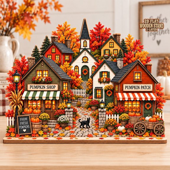 Fall Village Wooden Block Pumpkin Patch Scene Tabletop Display for Autumn Hosts