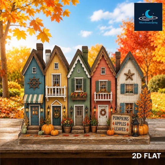 Fall Village Wooden Houses, Rustic Autumn Shelf Sitter, Farmhouse Table Decoration