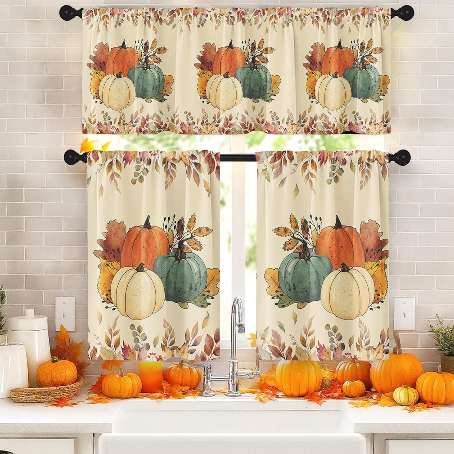 Fall Vintage Kitchen Window Curtains and Valances Set 36 Inch, Pumpkins  Maple Leaves Farmhouse Short Tier Curtain for Cafe Living Room Bathroom, ..., image size:1500x1500
