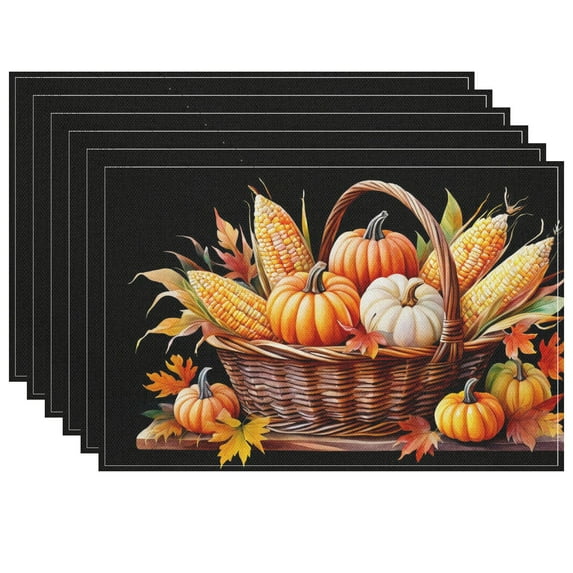 Fall Vintage Placemats Woven Basket Pumpkins Corn Cobs Fade-Resistant Place Mat Autumn Leaves Washable Placemat for Table Coffee Table Restaurant Deco Set Of 6 17.7x13 Inches