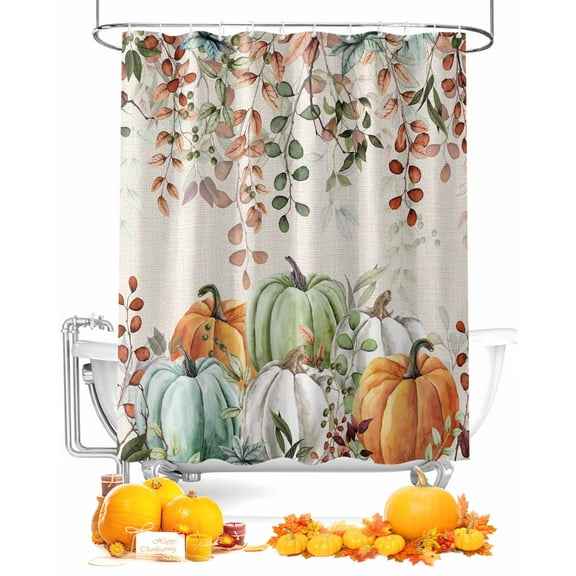 Fall Vintage Sage Green Orange Eucalyptus Leaf Pumpkin Shower Curtain Set ，Waterproof Fabric Shower Curtains Shower Curtains for Bathroom,Bathroom Decor 36"x72"