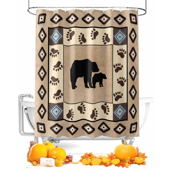 Fall Vintage Shower Curtain Set ,Waterproof Fabric Shower Curtains Boho Forest Bear Footprint Geometric Pattern Shower Curtains for Bathroom,Bathroom Decor 72"x72"
