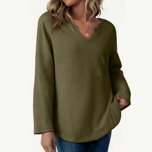 Fall Waffle Knit Blouses Womens Long Sleeve Dressy Casual Shirts with Pocket V Neck Loose Trendy Women's Fashion, Army Green L