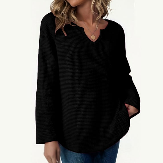 Fall Waffle Knit Blouses Womens Long Sleeve Dressy Casual Shirts with Pocket V Neck Loose Trendy Women's Fashion, Black S