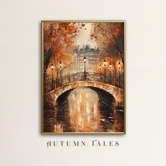 Fall Wall Art Print Vintage Paris At Night After Rain Cityscape Moody City Lights Autumn Leaves River Stone Bridge Art