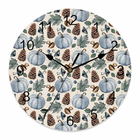 Fall Wall Clock Blue Pumpkin Clocks PVC Silent Non-Ticking Battery Operated Decorative Pine Cones Maple Leaf Linen Thanksgiving Round Clock for Home Living Room Kitchen Bedroom Wall Decor 10 Inch