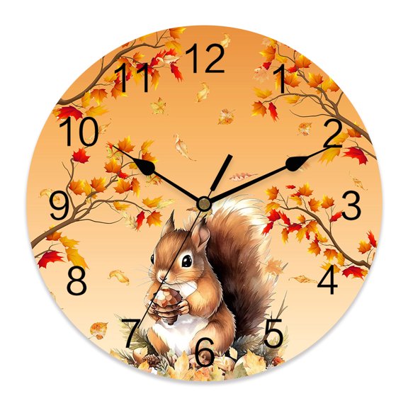 Fall Wall Clock Maple Leaf Tree Branch Clocks PVC Silent Non-Ticking Battery Operated Decorative Squirrel Pine Cone Thanksgiving Round Clock for Home Living Room Kitchen Bedroom Wall Decor 10 Inch