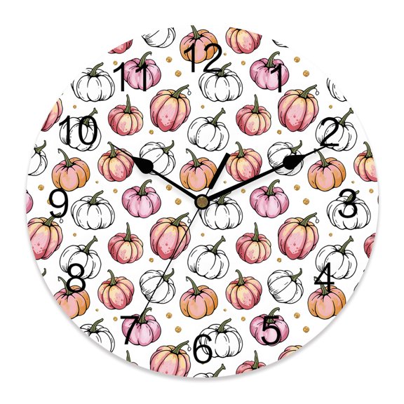 Fall Wall Clock Pink White Pumpkin Clocks PVC Silent Non-Ticking Battery Operated Decorative Autumn Harvest Thanksgiving Round Clock for Home Living Room Kitchen Bedroom Office Wall Decor 10 Inch