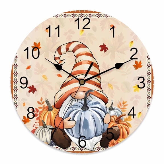 Fall Wall Clock Pumpkin Gnome Clocks PVC Silent Non-Ticking Battery Operated Decorative Autumn Maple Leaves Floral Thanksgiving Round Clock for Home Living Room Kitchen Bedroom Wall Decor 10 Inch