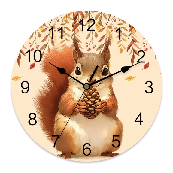 Fall Wall Clock Squirrel Clocks PVC Silent Non-Ticking Battery Operated Decorative Autumn Maple Leaves Pine Cone Thanksgiving Round Clock for Home Living Room Kitchen Bedroom Wall Decor 10 Inch