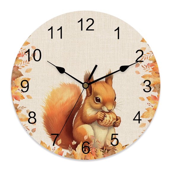 Fall Wall Clock Squirrel Pine Cone Clocks PVC Silent Non-Ticking Battery Operated Decorative Maple Leaf Thanksgiving Round Clock for Home Living Room Kitchen Bedroom Office School Wall Decor 10 Inch