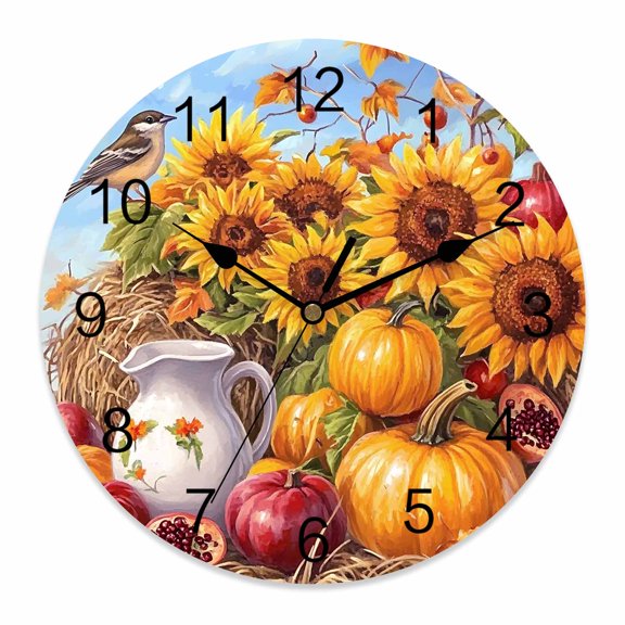 Fall Wall Clock Sunflower Pumpkin Clocks PVC Silent Non-Ticking Battery Operated Decorative Haystack Berry Fruit Bird Thanksgiving Round Clock for Home Living Room Kitchen Bedroom Wall Decor 10 Inch