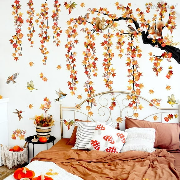 Fall Wall Decals Maple Tree Branch Birds Wall Stickers Autumn Plant Mural Stickers Thanksgiving Harvest Wallpaper Peel and Stick Wall Art Decal for Living Room Bedroom