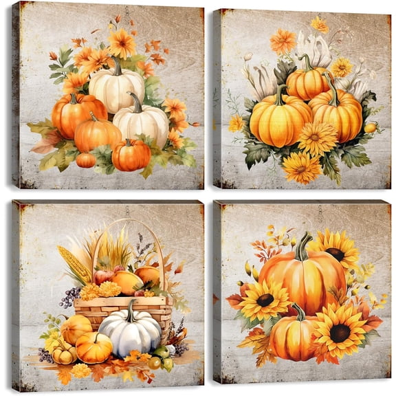 Fall Wall Decor Pumpkin Canvas Wall Art Rustic Sunflower Pictures Kitchen Bedroom Artwork Vintage Autumn Themed Halloween Painting for Living Room Dinner Festival Party Home Decorations 12x12" 4 Pcs