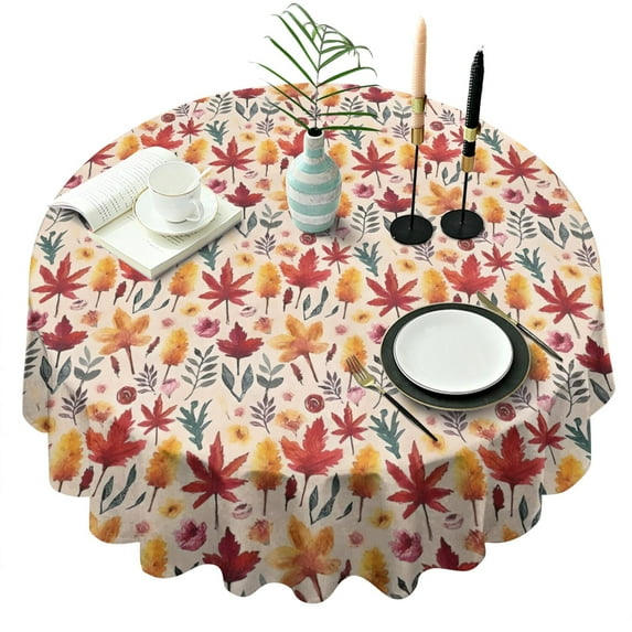 Fall Watercolor Autumn Leaves Pattern Round Tablecloth 60" X 60",Wrinkle Wipeable Table Cloth for Kitchen Dining Room Picnic Patio Party