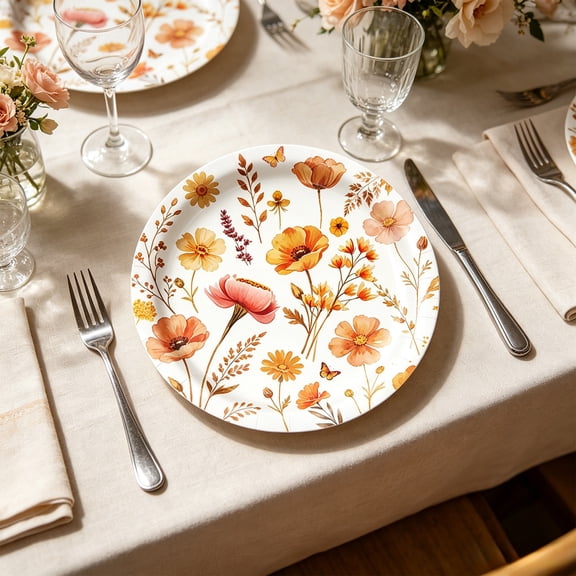 Fall Watercolor Floral Disposable Paper Plates, Oil-Proof Thickened Printed Tableware For Autumn Holiday & Themed Banquet Layout.7 in(10PC)S