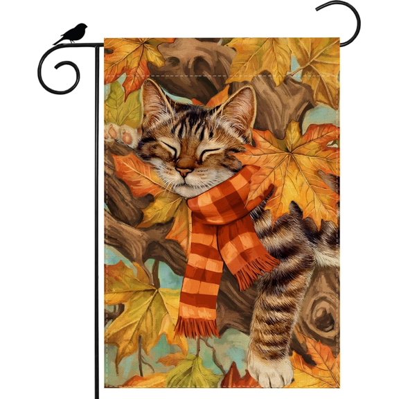 Fall Watercolor Maple Leaves Cat Sleeping Tree Autumn Garden Flag Yard Flag 12x18 Inch Double Sided Small Mini Yard Outdoor Outside Farmhouse Holiday Decoration