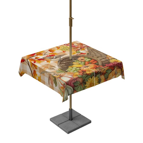 Fall Watercolor Outdoor Rectangle Tablecloth with Umbrella Hole 54"x54", Robin Fruit Basket Maple Leaves Brown Plaid Waterproof Zippered Table Cloth Wrinkle Free Wipeable Desk Covers for Patio Party