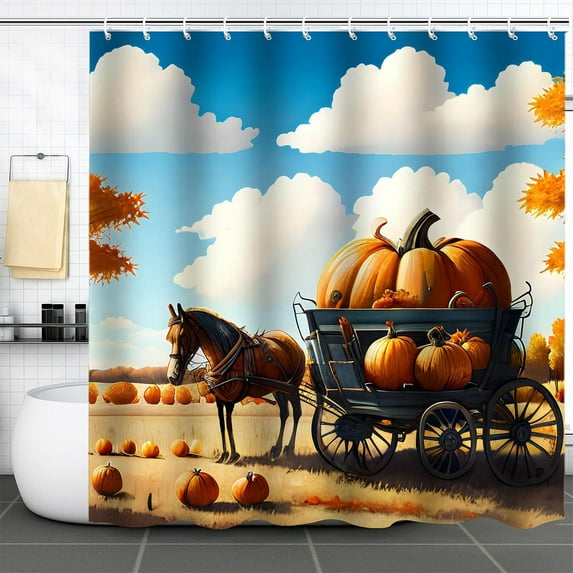 Fall Watercolor Pumkins Shower Curtain for Bathroom, Autumn Thanksgiving Day Gold Harvest Washable Fabric Decor Waterproof Curtains with 12pcs Hooks 71 x 71 inch