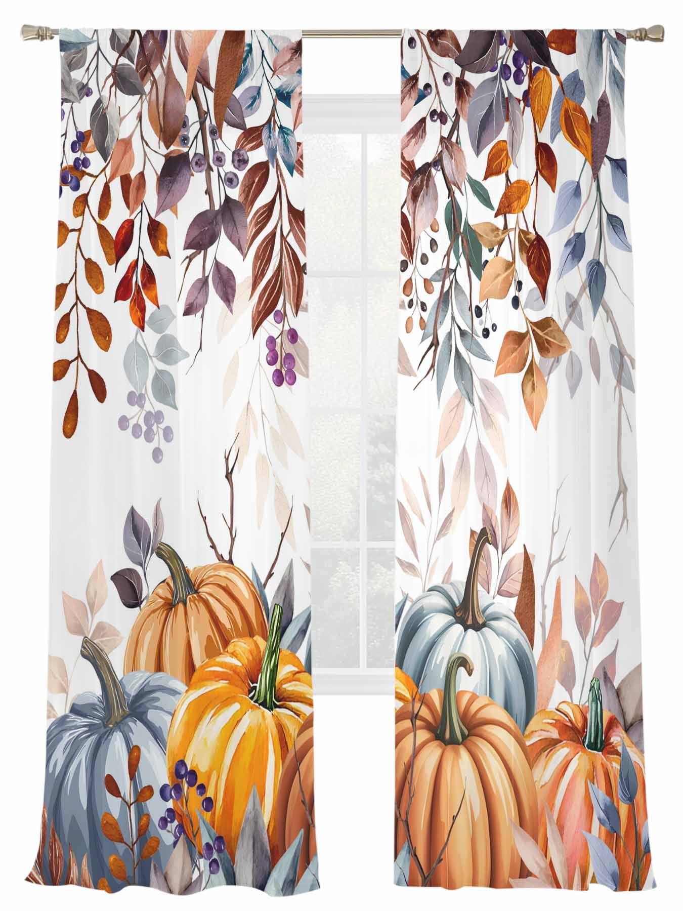 Fall Watercolor Pumpkin Eucalyptus Leaves Thanksgiving Farm Sheer ...