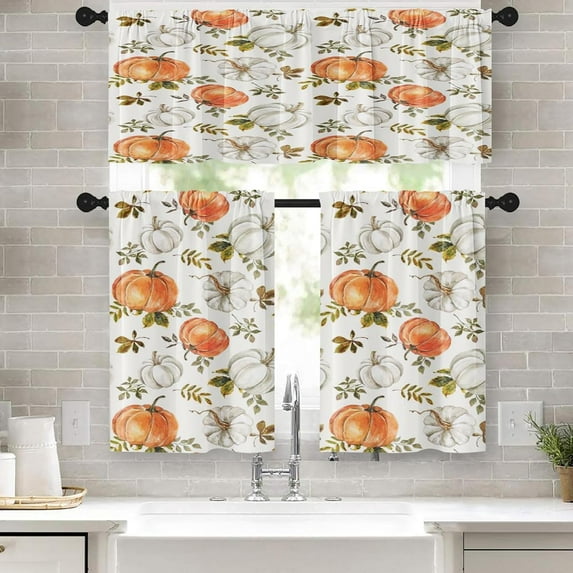 Fall Watercolor Pumpkin Kitchen Window Curtains Valance and Tier Set 36 Inch, Autumn Leaves 3 Piece Window Treatment Tiers for Living Room Bedroom Kitchen Decor Drapes