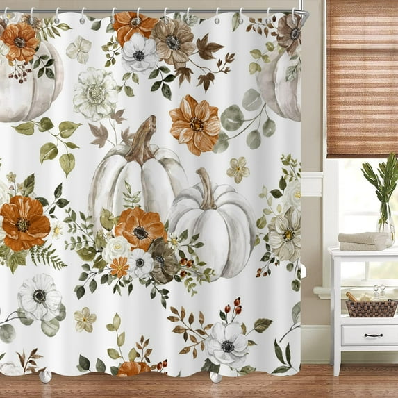 Fall Watercolor Pumpkin Shower Curtain, Autumn Thanksgiving Harvest Pumpkins with Floral Bathroom Curtain Bathtub Home Decor Waterproof Fabric Machine Washable with 12 PCS Hooks,72" Wx72 L