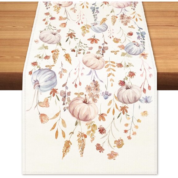 Fall Watercolor Pumpkins Table Runner Floral Burlap Table Runners, Autumn Harvest Thanksgiving Seasonal Coffee Table Center Decor for Home Kitchen Dining Party Indoor Outdoor 13x108 Inch