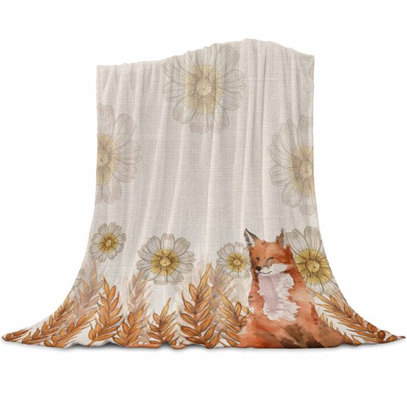 Fall Watercolor Rustic Floral Daisy Orange Wheat Fox Flannel Blanket for Bed,Travel and Camping, Super Soft Cozy Blanket for All Seasons 40"x60"