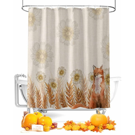 Fall Watercolor Rustic Floral Daisy Orange Wheat Fox Shower Curtain Set ，Waterproof Fabric Shower Curtains Shower Curtains for Bathroom,Bathroom Decor 72"x78"
