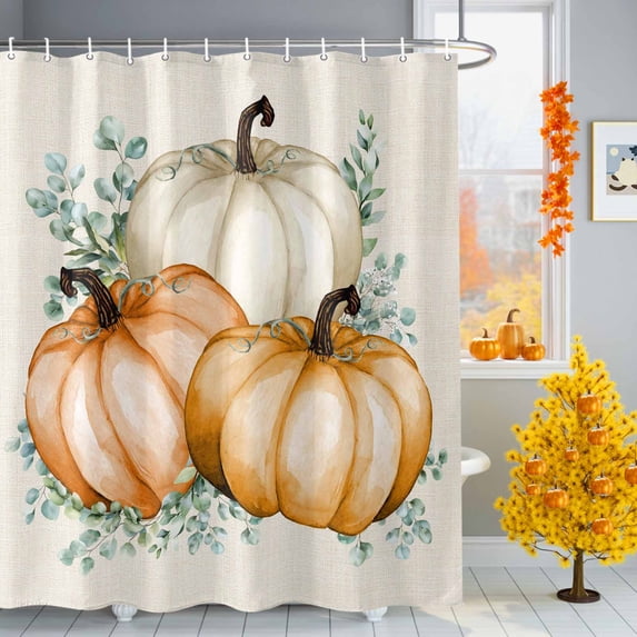 Fall Watercolor Shower Curtains for Bathroom, Orange Pumpkins and Eucalyptus Leaf Retro Linen Waterproof Fabric Shower Curtain for Bathroom Bathtub Decoration, Machine Washable, 60"x72"