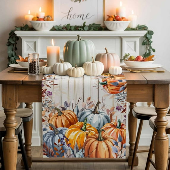 Fall Watercolor Table Runner, Autumn Thanksgiving Kitchen Dining Table Decoration for Home Party Decor 13x90 Inches