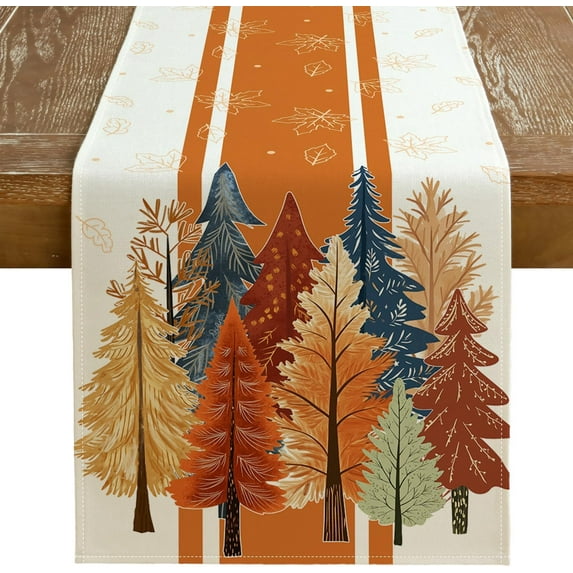 Fall Watercolor Trees & Maple Leaves Striped Table Runner 13x108 Inch, Rustic Farmhouse Autumn Thanksgiving Decor for Kitchen, Dining, Indoor/Outdoor Holiday Dinner Party Orange GT157-108