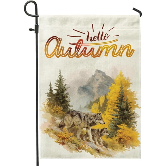 Fall Watercolor Wolf Garden Flag 12x18 Inch Double Sided Autumn Mountain Forest Outdoor Canvas Flag Nature Animal Landscape Front Yard Backyard Lawn Decor