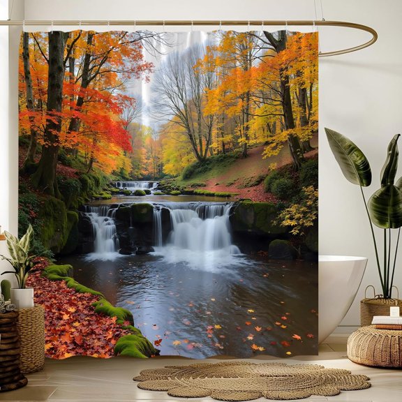 Fall Waterfall Shower Curtain, Autumn Maple Forest Stream Bath Curtain, Rustic Nature Bathroom Decor, Waterproof Polyester Fabric with Hooks 36"W x 72"H
