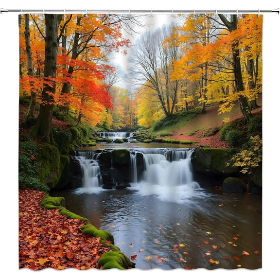 Fall Waterfall Shower Curtain Autumn Maple Leaves Forest Trees Jungle Country Nature Landscape Scenery Fabric Bathroom Decor Curtain with Hooks-72"W x 72"L (Pack of 1)