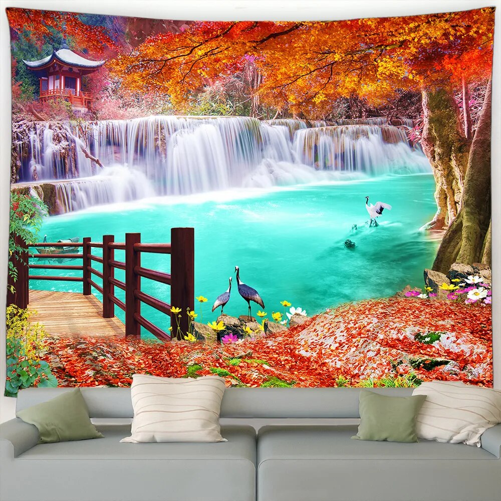 Fall Waterfall Tapestry Red Maple Trees Plants Forest Nature Landscape