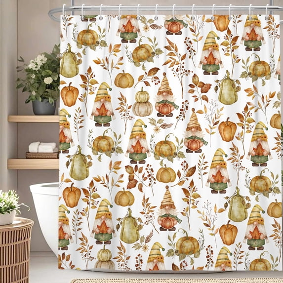 Fall Waterproof Shower Curtain,Gnome Pumpkin Autumn Polyester Fabric Bathroom Decor,with Hooks,47 W x 64 H Inch