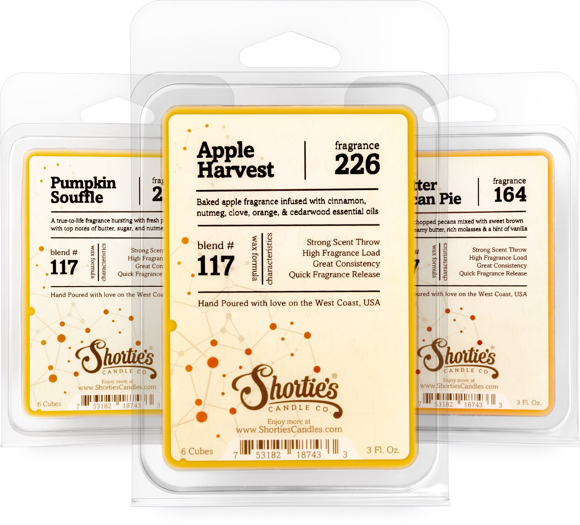 Natural Fall Soy Wax Melts Variety Pack - Apple Harvest, Butter Pecan Pie, Pumpkin Souffle - All Natural + Essential Oils + Phthalate Free - Shortie's