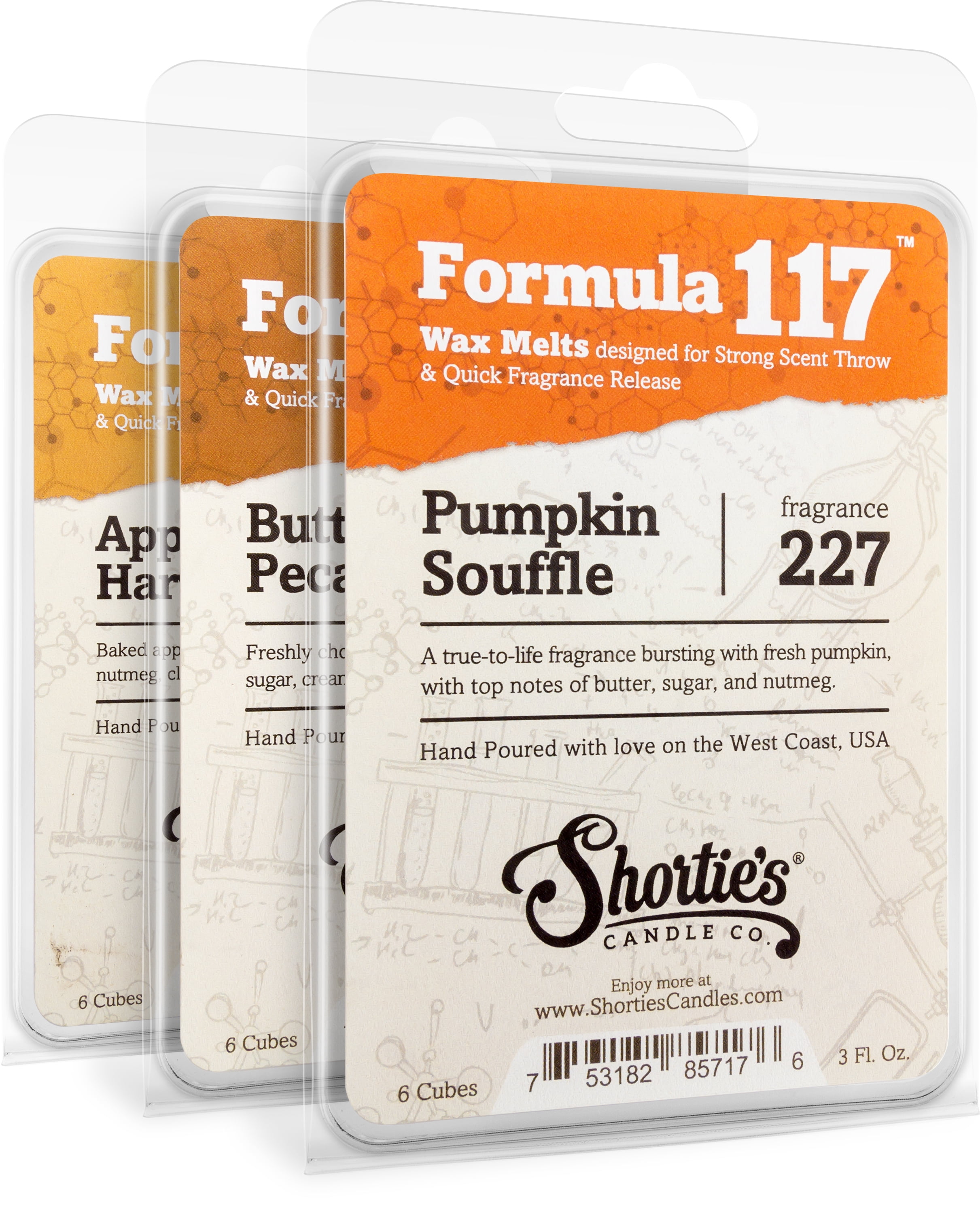 Fall Wax Melts Variety Pack - Pumpkin Souffle, Butter Pecan Pie, Apple Harvest - Highly Scented + Natural Oils - Shortie's Candle Company