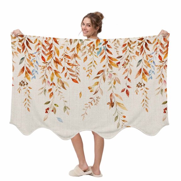 Fall Wearable Blanket, Rustic Orange Yellow Blue Hanging Leaves Linen Texture Plush Thick Cozy Flannel Oversized Adult Throw Body Wearable Blankets with Pocket Gifts for Women Men 45x64in