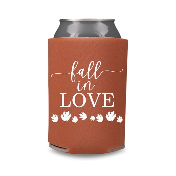 Fall Wedding Can Coolers, Fall In Love, Wedding Party Gift and Souvenir, Couple's Wedding Beer Sleeves (Rust)
