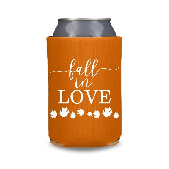 Fall Wedding Can Coolers, Fall In Love, Wedding Party Gift and Souvenir Ideas, Couple's Wedding Beer Sleeves (Burnt Orange)