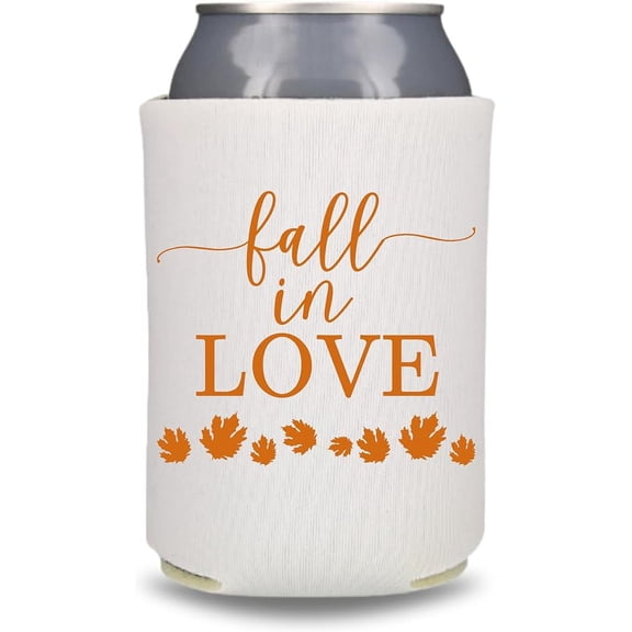 Fall Wedding Can Coolers, Fall In Love, Wedding Party Gift and Souvenir Ideas, Couple's Wedding Beer Sleeves (White)