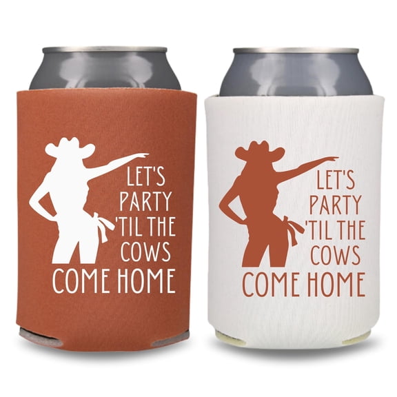 Fall Wedding Can Coolers, Let's Party 'Til The Cows Come Home, Wedding Party Gift and Souvenir, Couple Beer Sleeves (2Pack (1 White, 1 Rust))